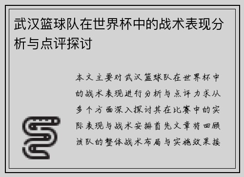 武汉篮球队在世界杯中的战术表现分析与点评探讨